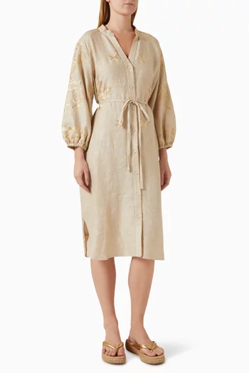 فستان مطرز متوسط الطول بفتحة رقبة حرف V‏