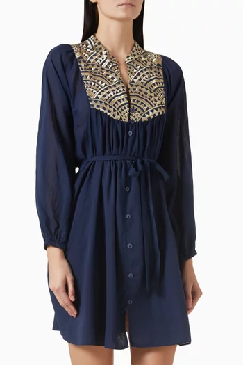 Embroidered Belted Mini Dress