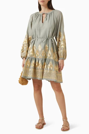 Embroidered Belted Mini Dress