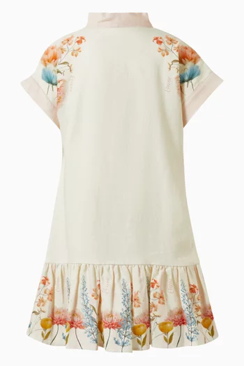 JG SS DRESS WITH FLORAL PRINTS, CAP SLEEVES, FRONT BUTTONS, AND A SOFT PINK NECKTIE DETAIL:OFF WHITE:11-12Y|219258469