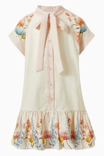 JG SS DRESS WITH FLORAL PRINTS, CAP SLEEVES, FRONT BUTTONS, AND A SOFT PINK NECKTIE DETAIL:OFF WHITE:11-12Y|219258469