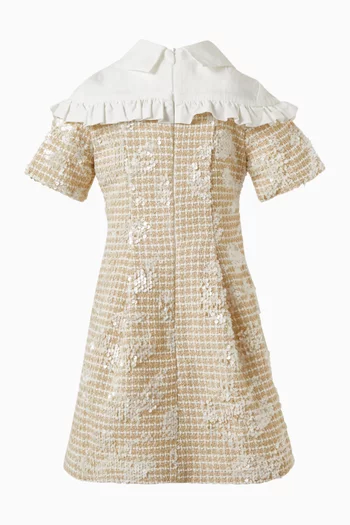 JG SS TWEED DRESS WITH SPARKLING SEQUINS, WHITE RUFFLE TRIM, AND A ROUNDED COLLAR WITH BOW DETAIL:CREAM:10-11Y|219258521