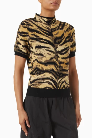 بلوزة بياقة عالية ونقشة جلد النمر مزيج فيسكوز