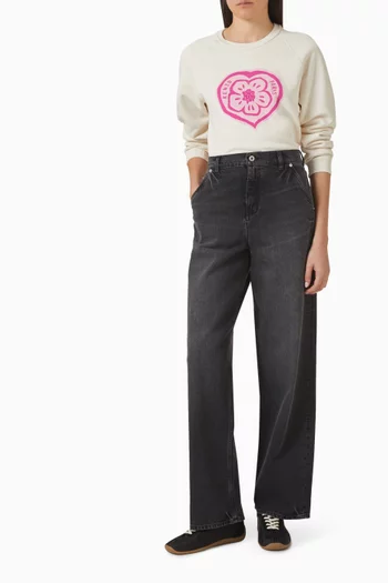 سويت شيرت بنقشة قلب وشعار زهرة بوكي قطن