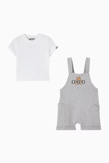 Teddy-print T-shirt & Dungaree Set