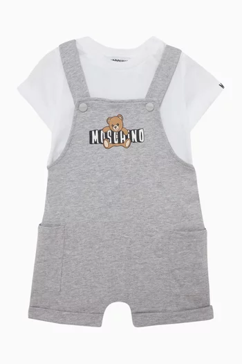 Teddy-print T-shirt & Dungaree Set