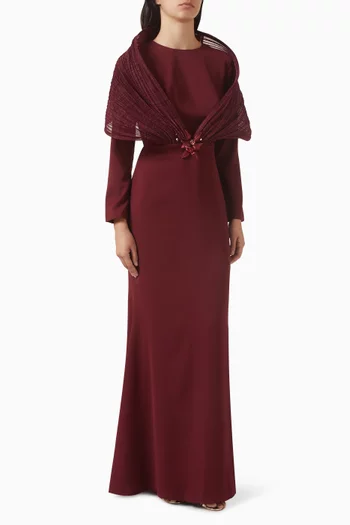 فستان بشال مزين بتطريزات كريب