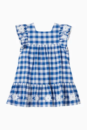 فستان بتطريزات ونقشة مربعات غينغهام بلونين