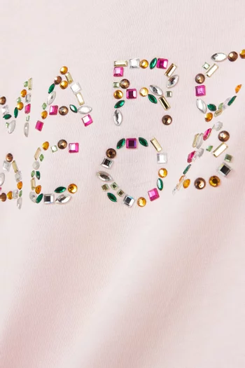 تي شيرت قطن مزين بشعار الماركة وكريستال