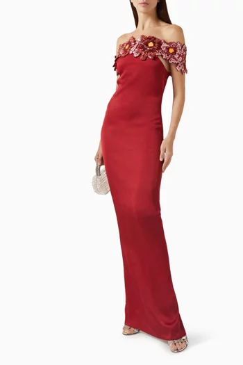 Off-shoulder Flower Sequin Maxi Dress