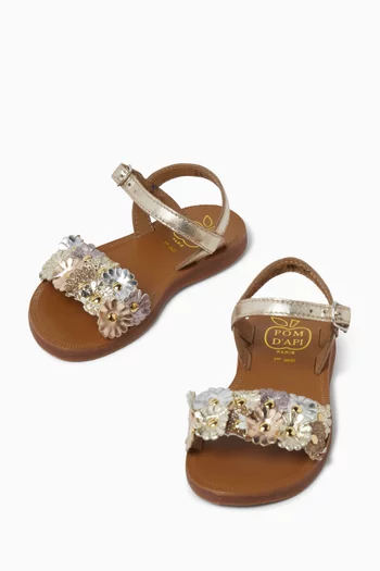 Floral Sandals in Metallic Leather
