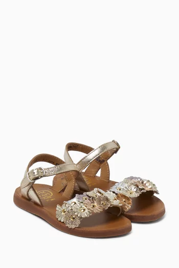 Floral Sandals in Metallic Leather