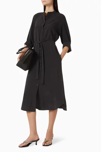 Belted Collarless Midi Shirt Dress