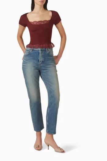 Lace-trim T=shirt in Ribbed Silk Jersey