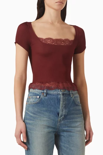Lace-trim T=shirt in Ribbed Silk Jersey