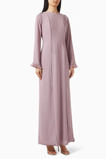 فستان طويل بأساور بكشكش