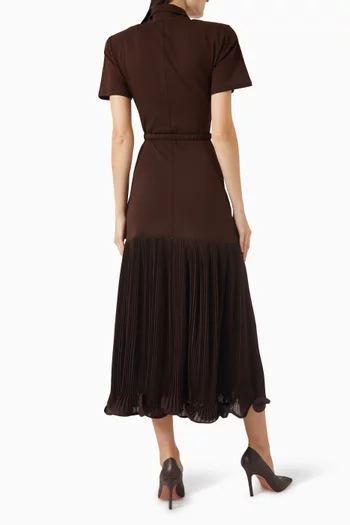 Pleated Skirt Belted Polo Midi Dress