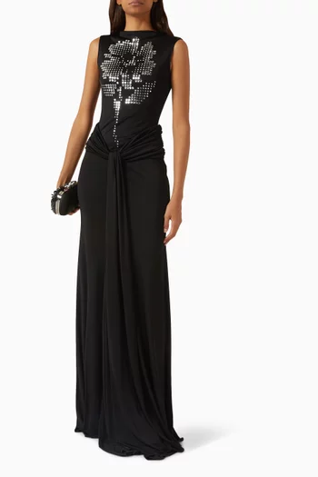 فستان سهرة بتطريزات لامعة مثبتة حراريًا على شكل زهرة جيرسيه