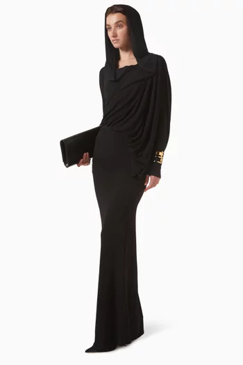 فستان طويل بغطاء رأس جيرسيه