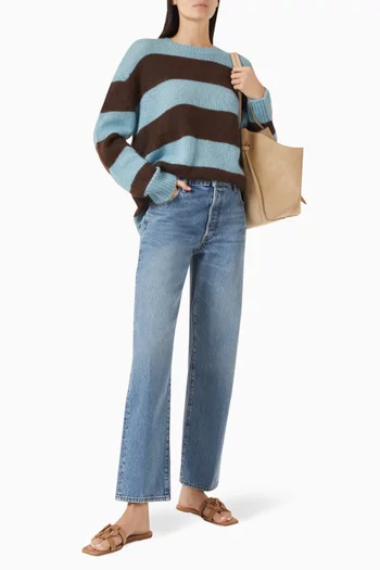 Fuzzy Striped Crewneck Sweater in Mohair Blend