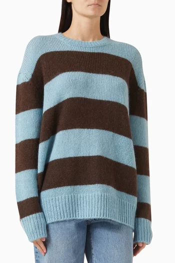 Fuzzy Striped Crewneck Sweater in Mohair Blend