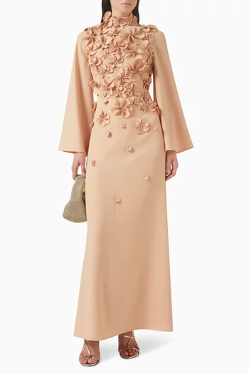 "A refined gown featuring a clean,flowing silhouette, elevated bydelicate 3D floral appliques acrossthe bodice for a soft yet sculpturalstatement.":Light/Pastel Pink:M|219369879