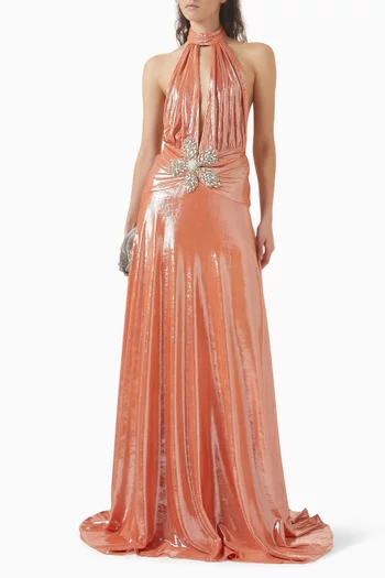 فستان سهرة بكشكش وزهرة مرصعة بالكريستال