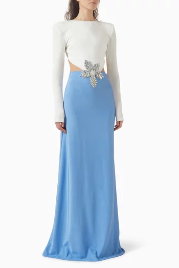 فستان بازي بظهر مكشوف وتطريزات زهور بالكريستال