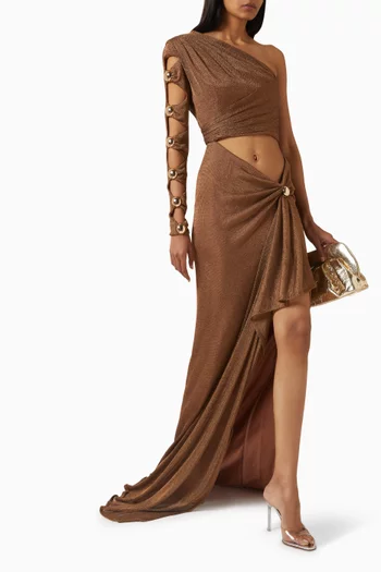 فستان بكتف مكشوف وتطريزات جيرسيه