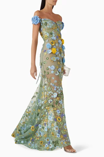 فستان سهرة بورتوفينو بأكتاف مكشوفة وزهور بارزة