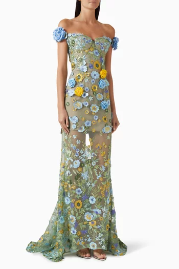 فستان سهرة بورتوفينو بأكتاف مكشوفة وزهور بارزة