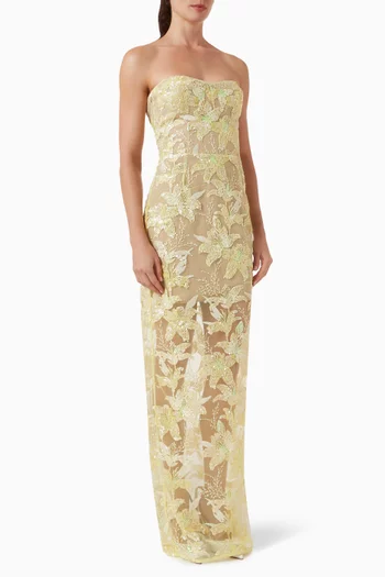 فستان دافوديل مزين بتطريزات بالترتر