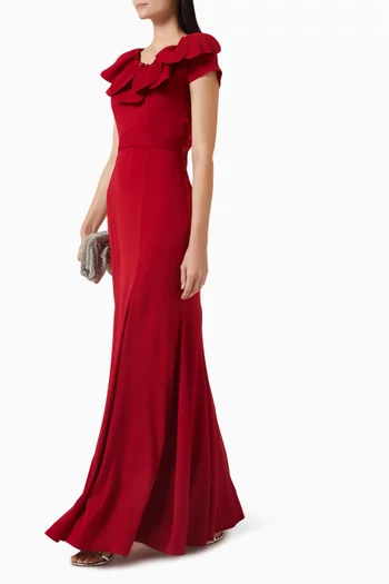 فستان بياقة مزينة بتطريزات بتلات زهور