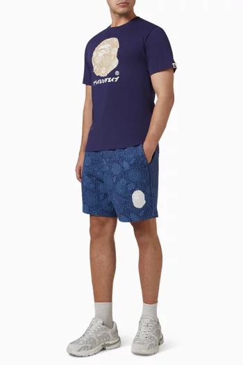 شورت رياضي بنقشة مموهة مستوحاة من الفن الياباني مزيج قطن