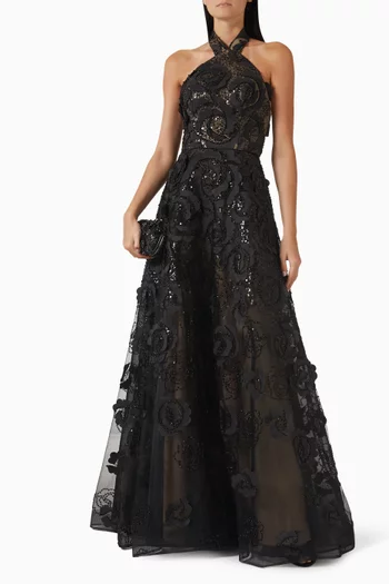 Floral-applique Halter Gown