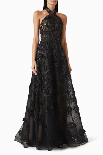 Floral-applique Halter Gown