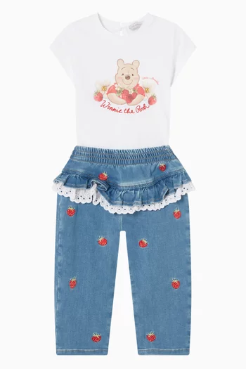 Strawberry Embroidered Pants in Denim