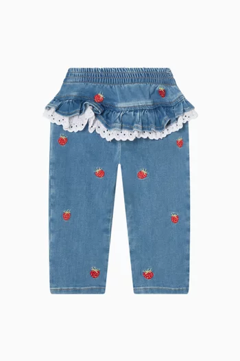 Strawberry Embroidered Pants in Denim