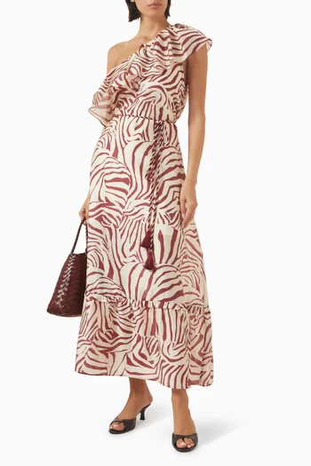 فستان رايا طويل بكتف مكشوف ونقشة