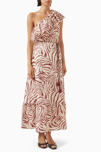 فستان رايا طويل بكتف مكشوف ونقشة