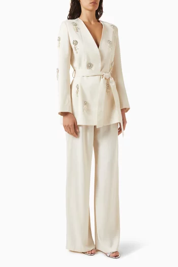 Floral-embellished Belted Top & Pants Set