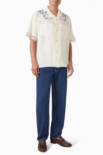 San Gallo Lace Embroidered Bowling Shirt in Linen