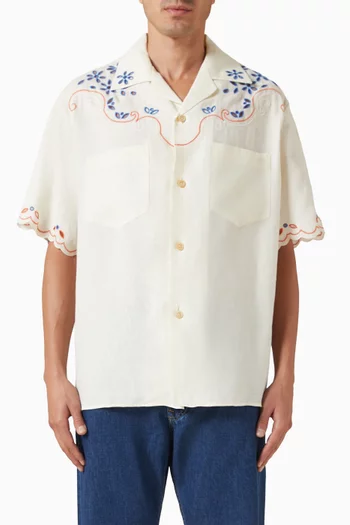 San Gallo Lace Embroidered Bowling Shirt in Linen