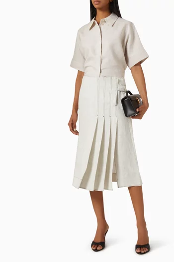 Belted Pleated Midi Skirt in Linen