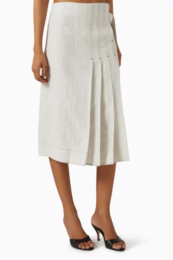 Belted Pleated Midi Skirt in Linen