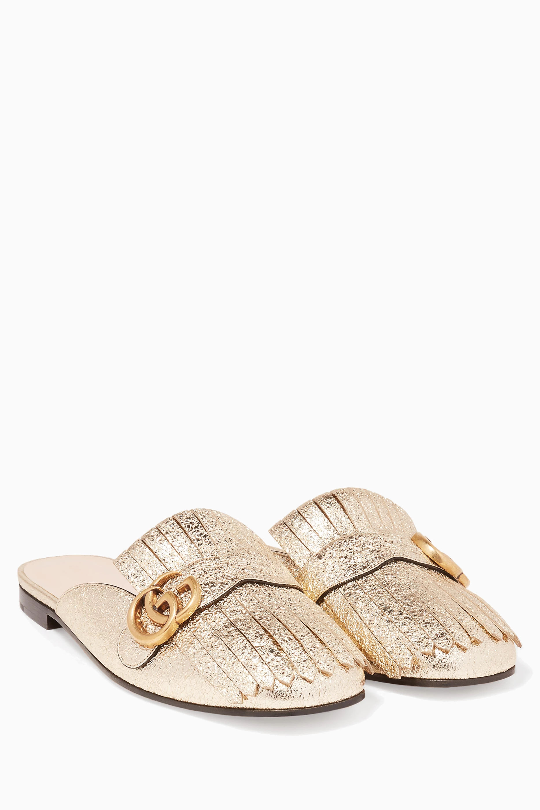 Buy Gucci Gold Platinum Metallic Marmont Laminate Leather Slippers for Women in UAE Ounass