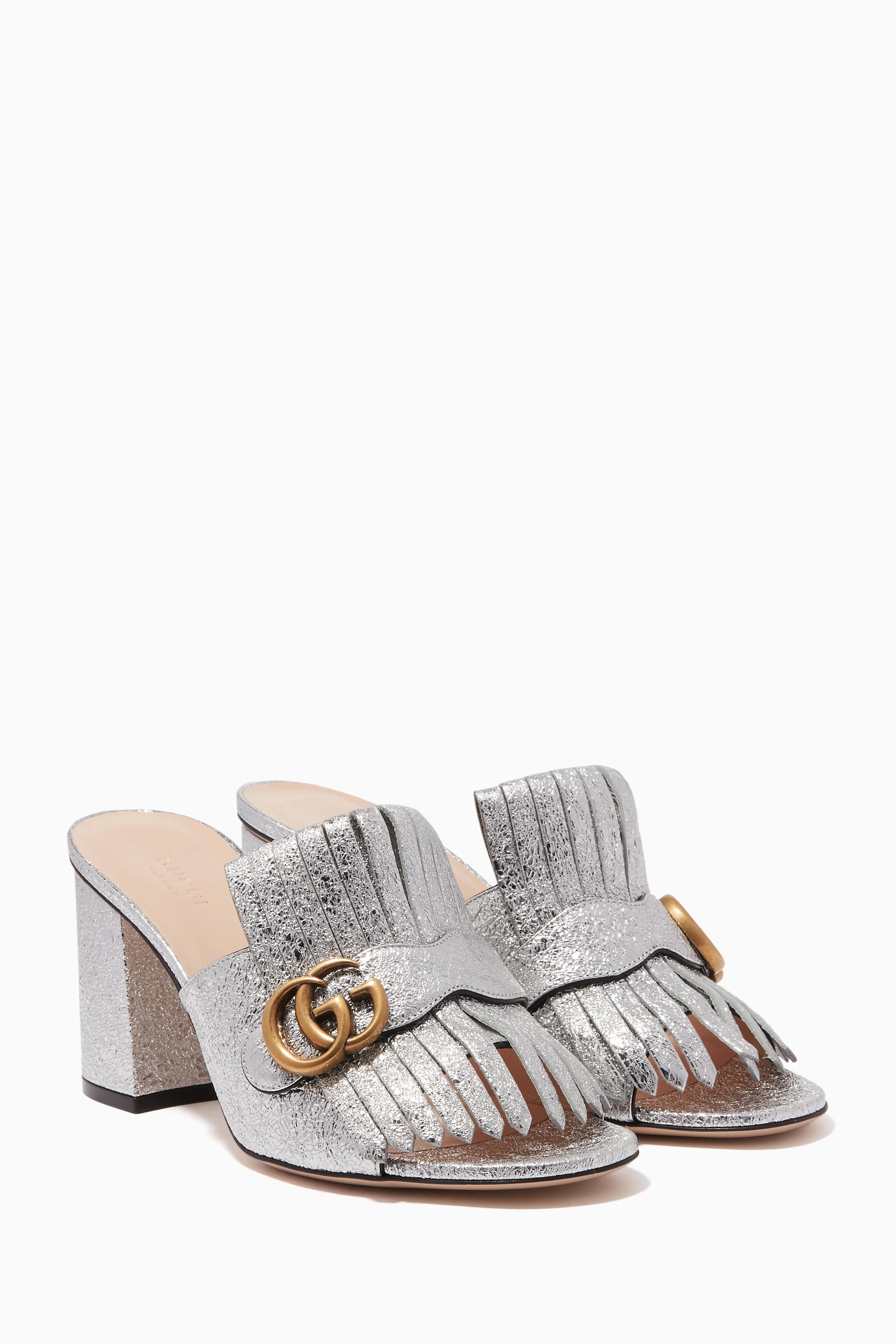 Buy Gucci Silver Silver Metallic Leather Mid Heel Slides for Women in UAE Ounass