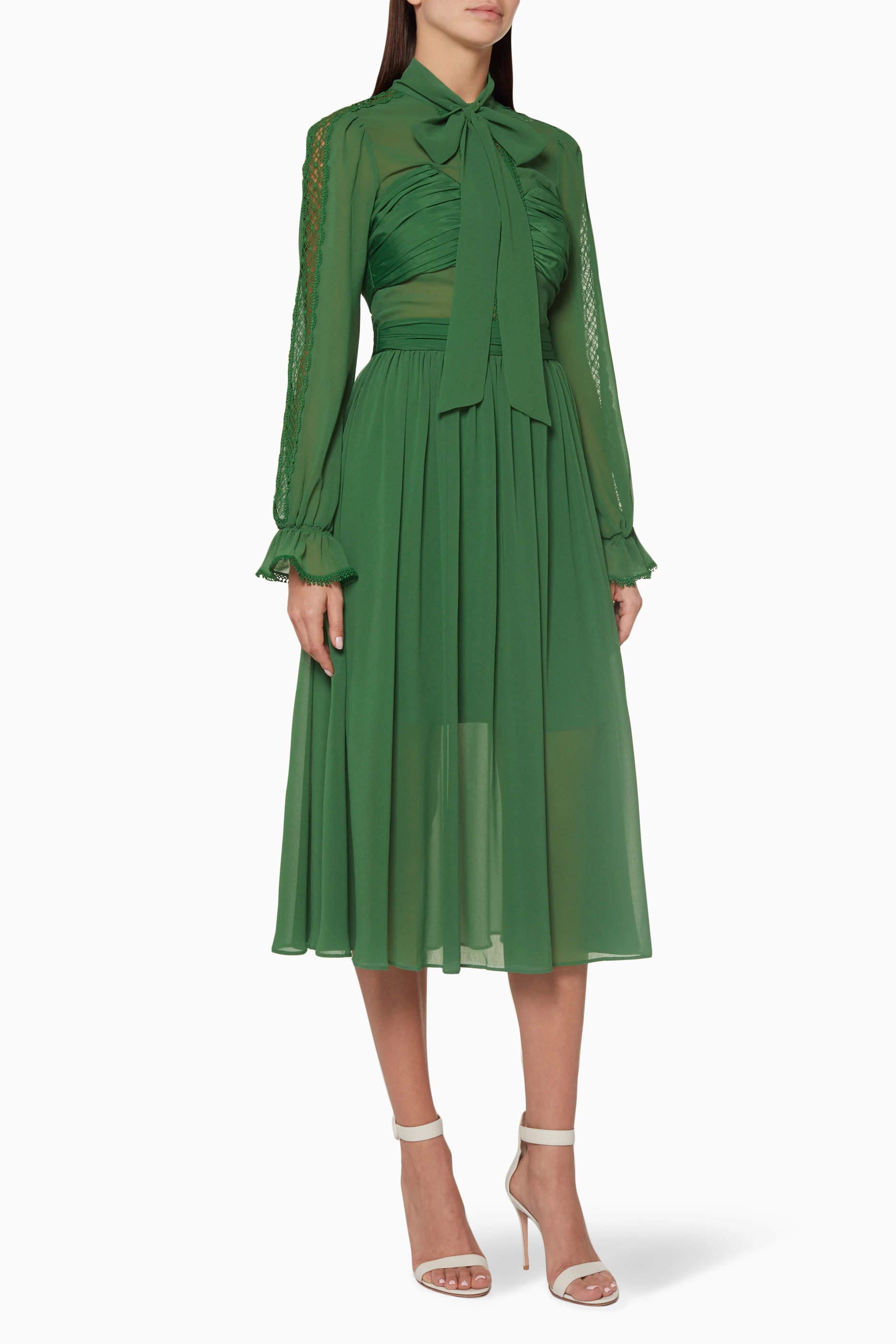 Buy Self Portrait Green Green Chiffon Pussy Bow Dress for Women in