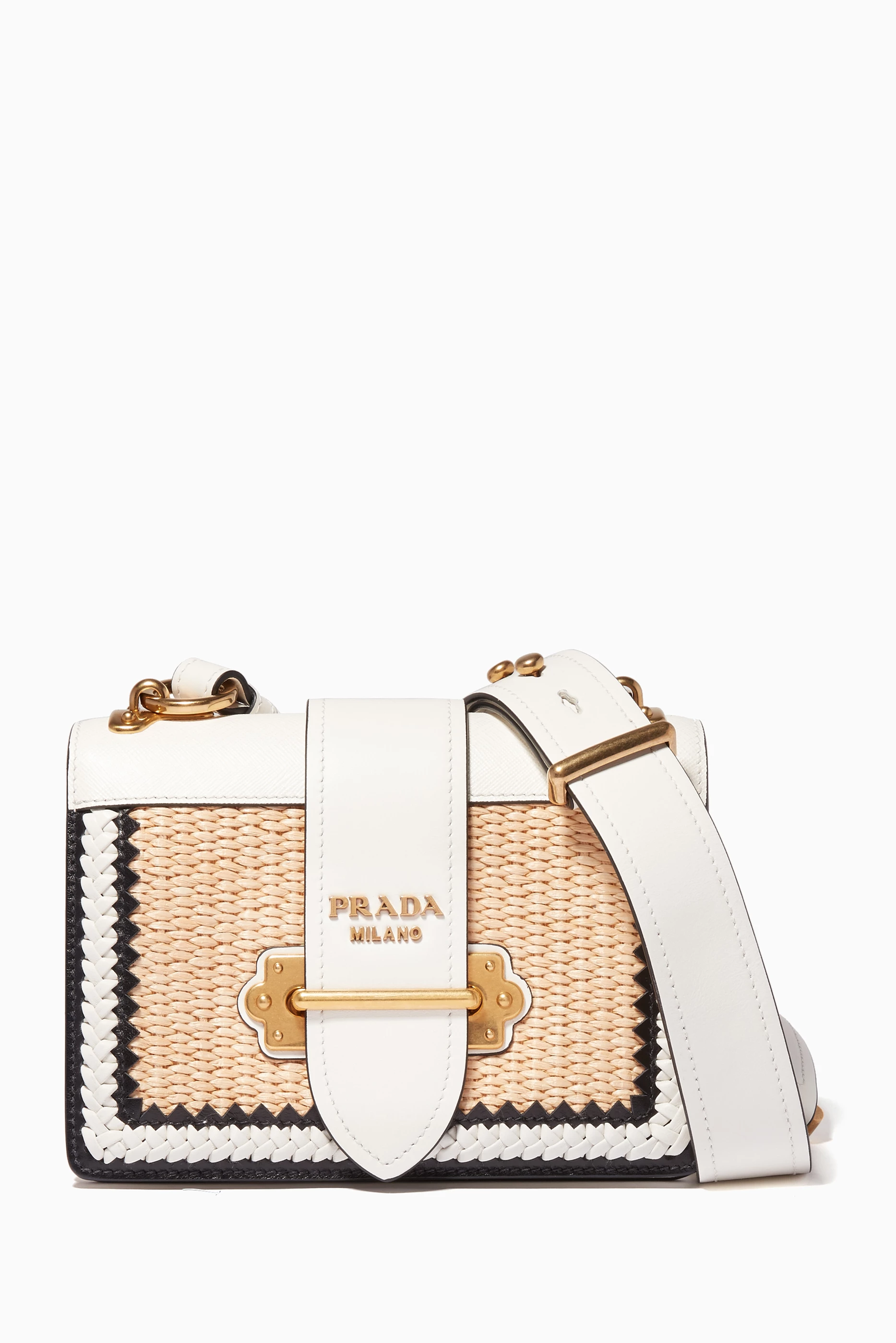 Prada cahier straw and deals leather bag