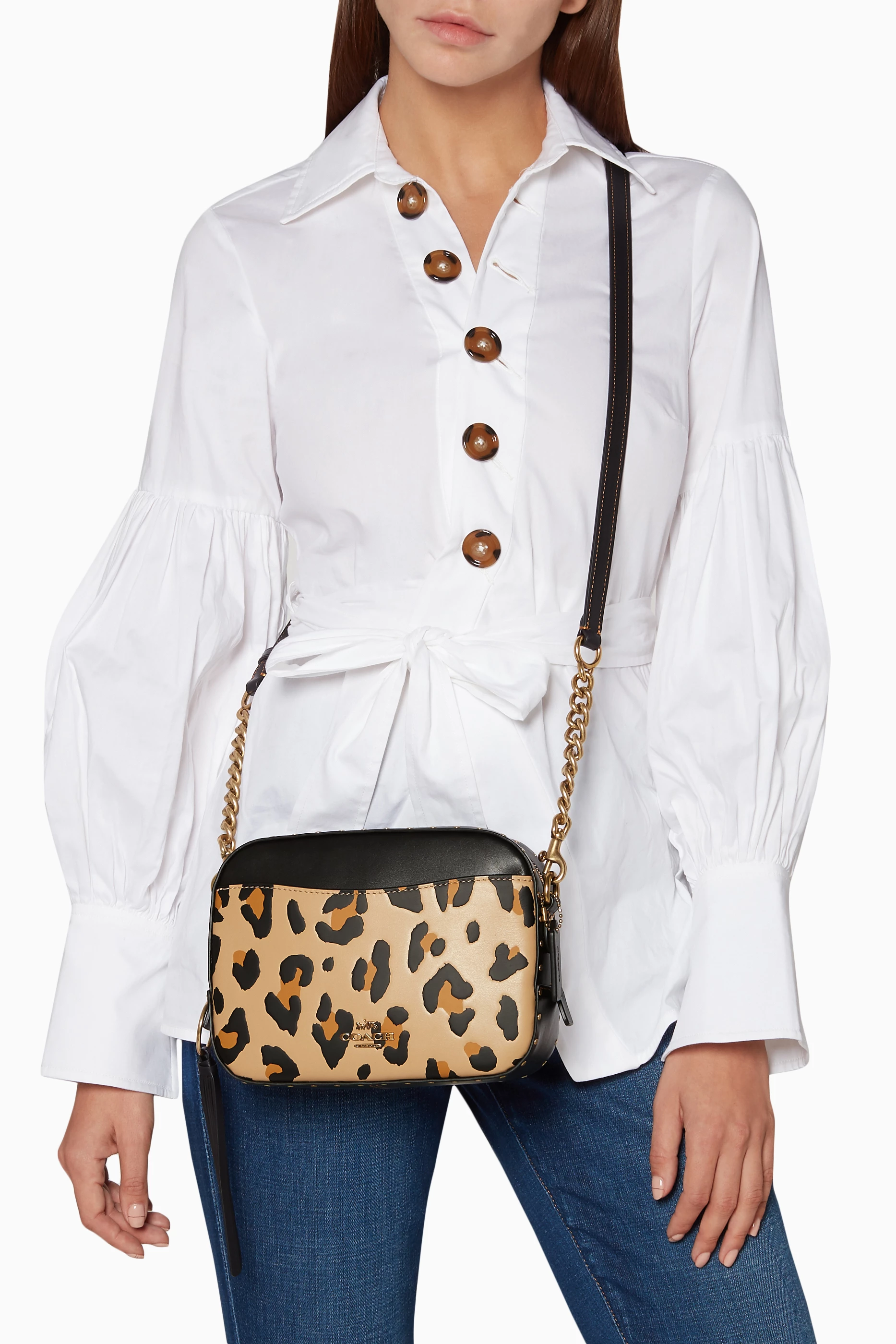 Buy Coach Green Leopard Print Small Camera Cross Body Bag for